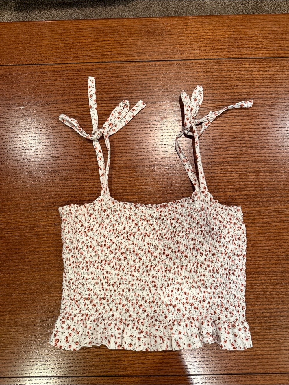 Smocked Floral Tie-Strap Crop Top - Off White with Reddish petite Floral design